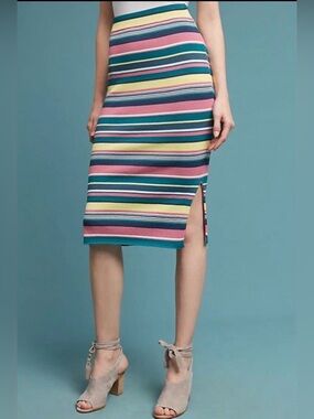 Maeve Anthropologie Lana Striped Knit Midi Pencil Skirt Pink Teal M
